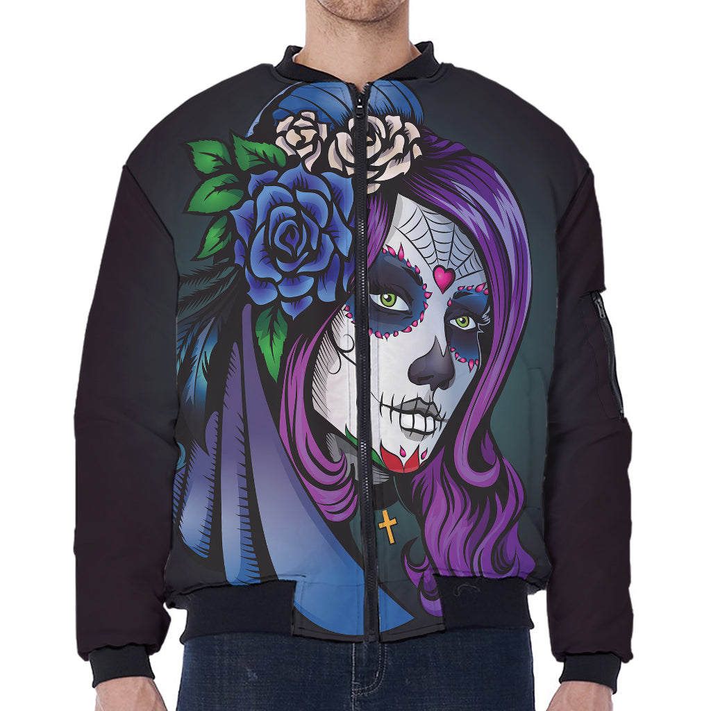 Calavera Girl Dia De Los Muertos Print Zip Sleeve Bomber Jacket