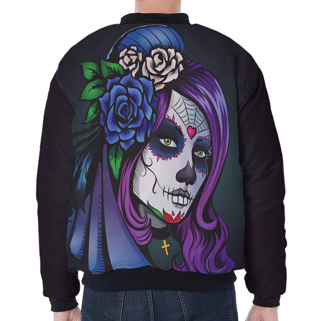 Calavera Girl Dia De Los Muertos Print Zip Sleeve Bomber Jacket