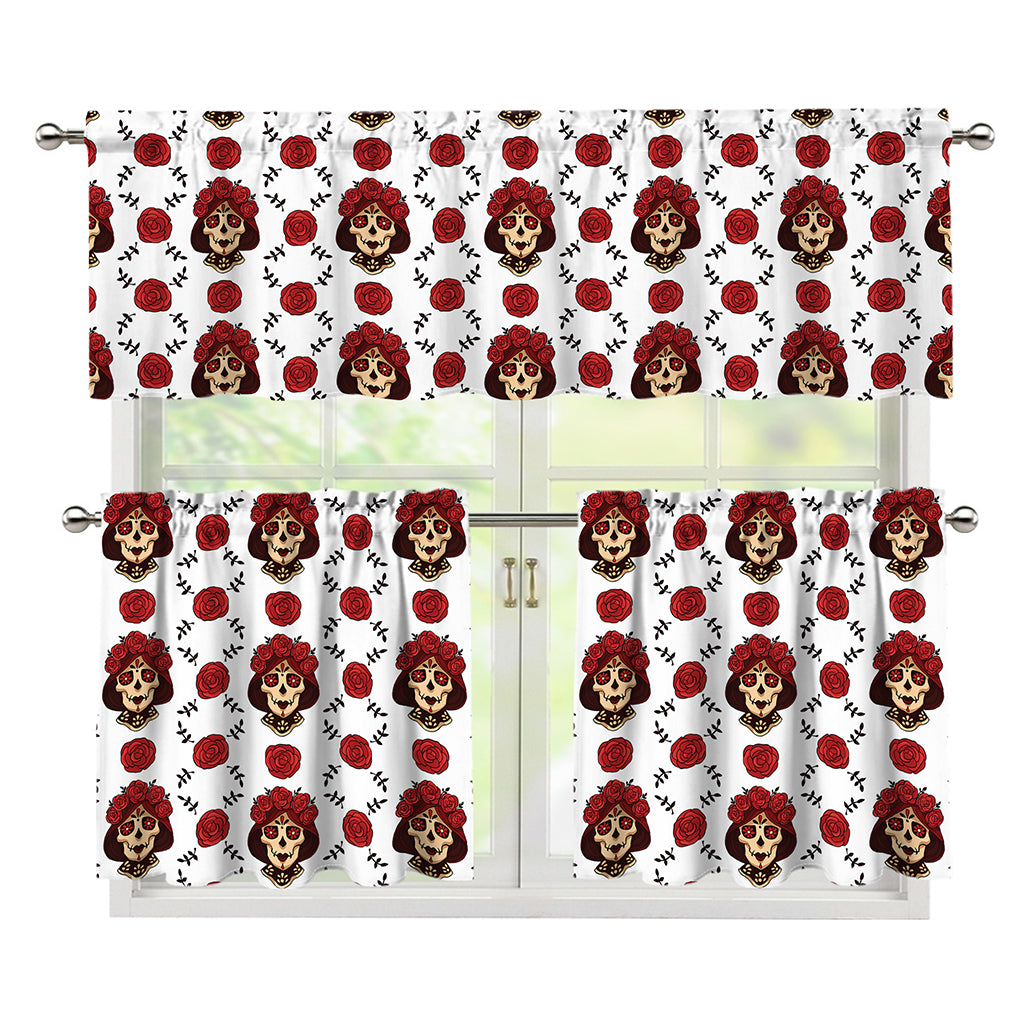 Calavera Girl Skull Pattern Print 3 Piece Kitchen Curtains