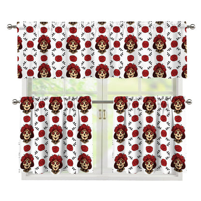 Calavera Girl Skull Pattern Print 3 Piece Kitchen Curtains