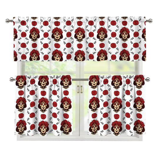 Calavera Girl Skull Pattern Print 3 Piece Kitchen Curtains