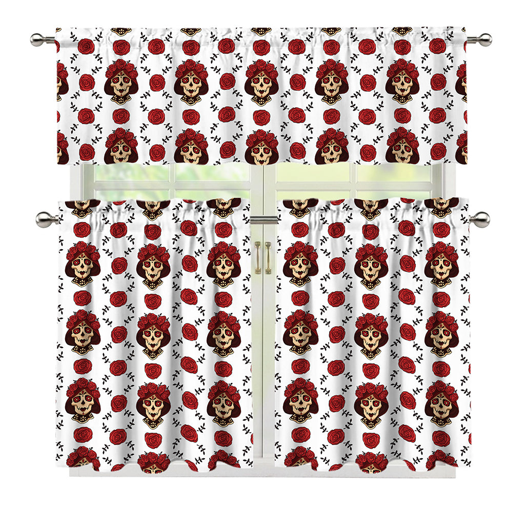 Calavera Girl Skull Pattern Print 3 Piece Kitchen Curtains