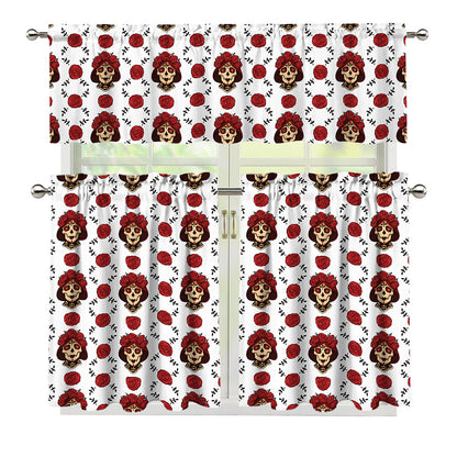 Calavera Girl Skull Pattern Print 3 Piece Kitchen Curtains