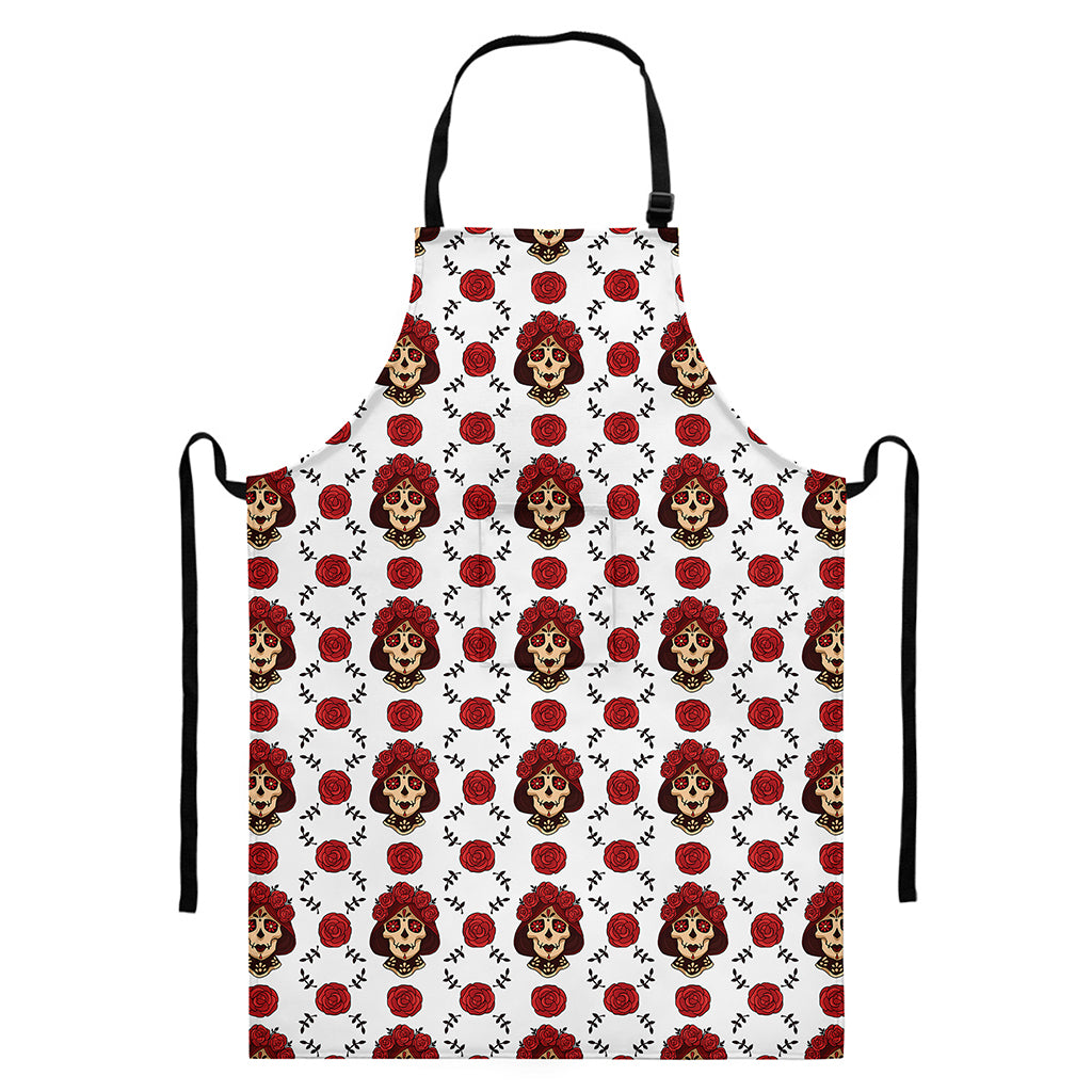 Calavera Girl Skull Pattern Print Bib Apron With Pocket