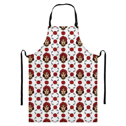 Calavera Girl Skull Pattern Print Bib Apron With Pocket