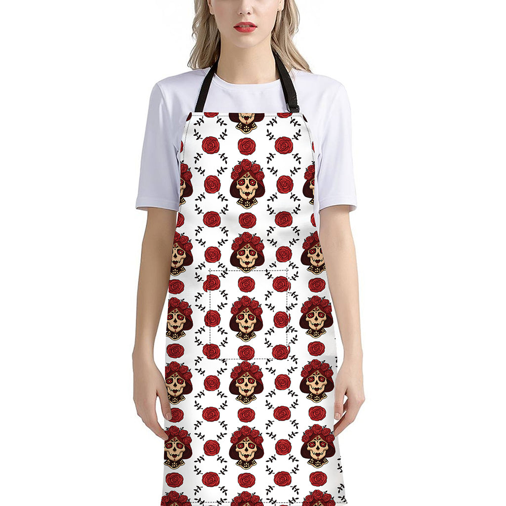 Calavera Girl Skull Pattern Print Bib Apron With Pocket