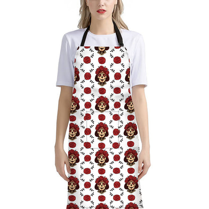 Calavera Girl Skull Pattern Print Bib Apron With Pocket
