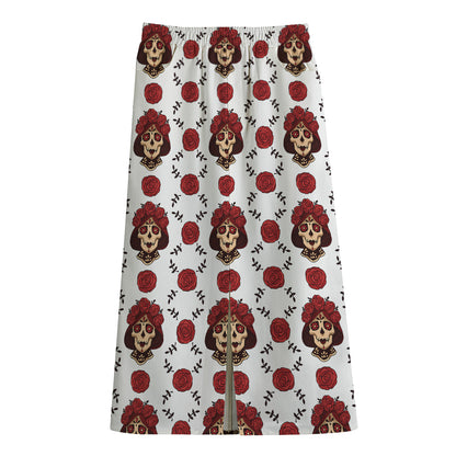 Calavera Girl Skull Pattern Print Cotton Front Slit Maxi Skirt