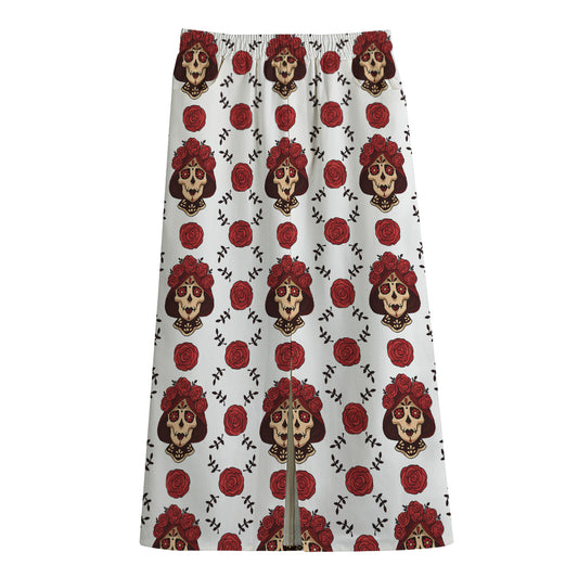 Calavera Girl Skull Pattern Print Cotton Front Slit Maxi Skirt