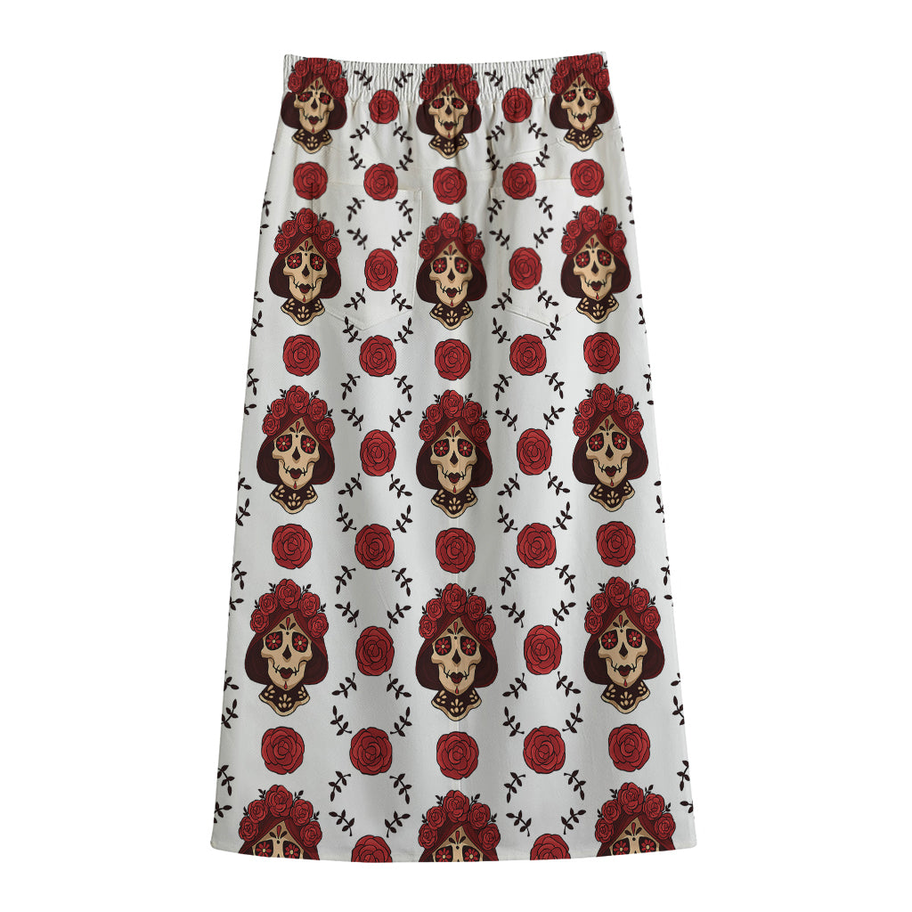 Calavera Girl Skull Pattern Print Cotton Front Slit Maxi Skirt