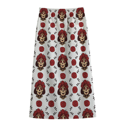 Calavera Girl Skull Pattern Print Cotton Front Slit Maxi Skirt