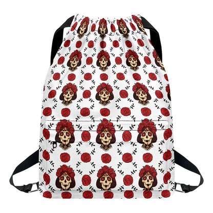 Calavera Girl Skull Pattern Print Drawstring Backpack