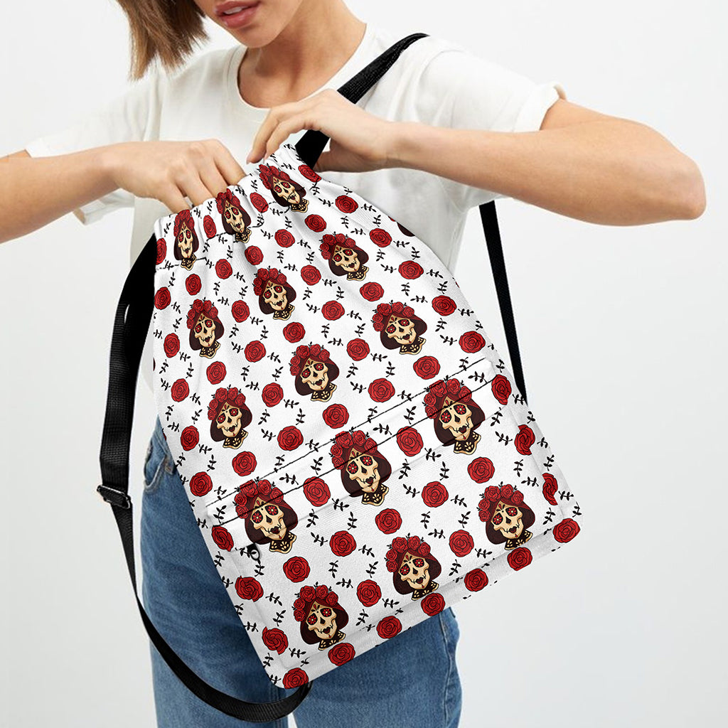 Calavera Girl Skull Pattern Print Drawstring Backpack