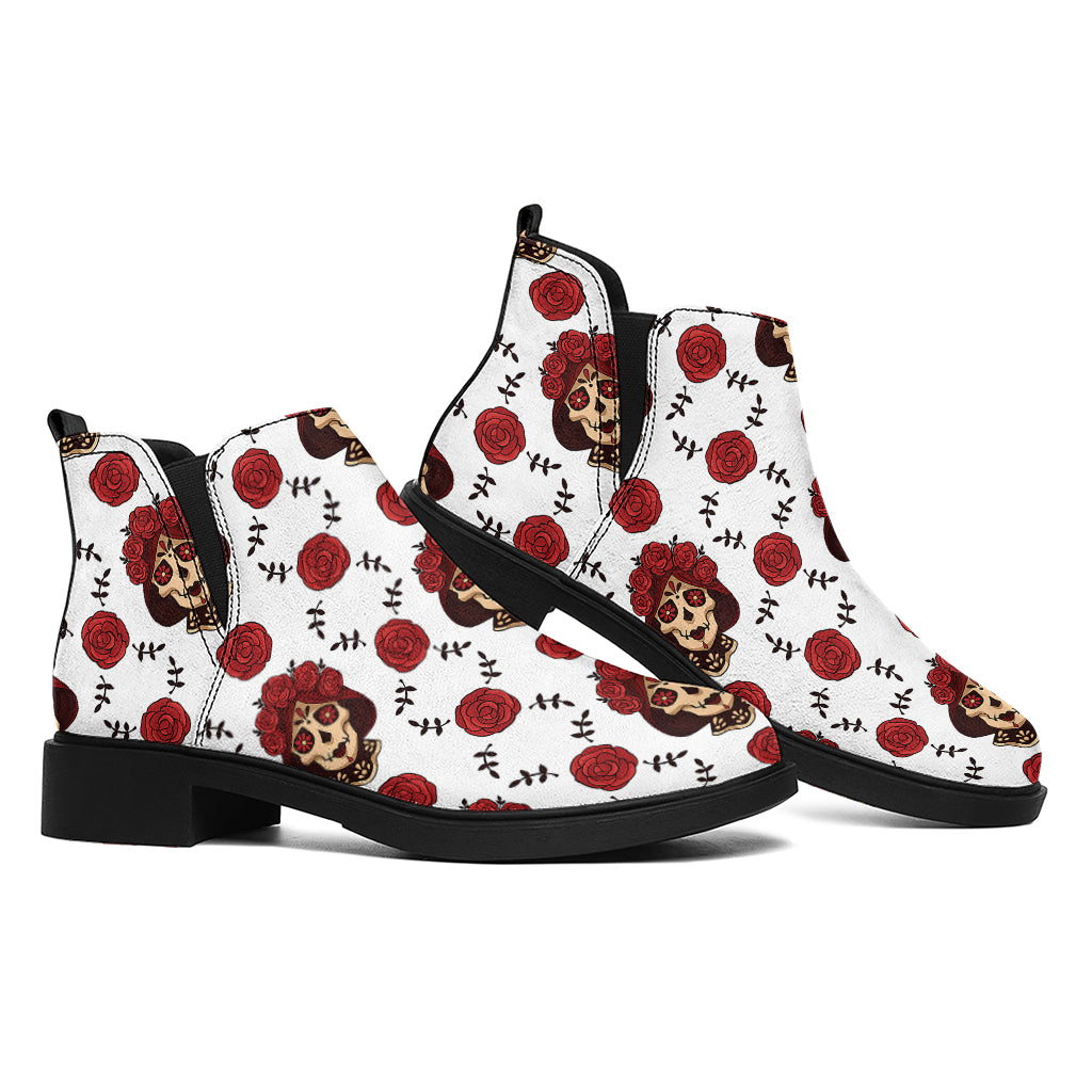 Calavera Girl Skull Pattern Print Flat Ankle Boots