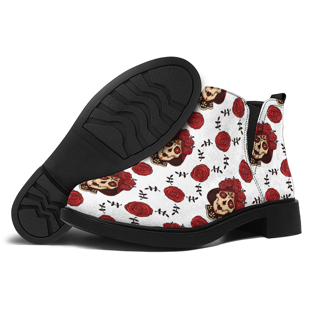 Calavera Girl Skull Pattern Print Flat Ankle Boots