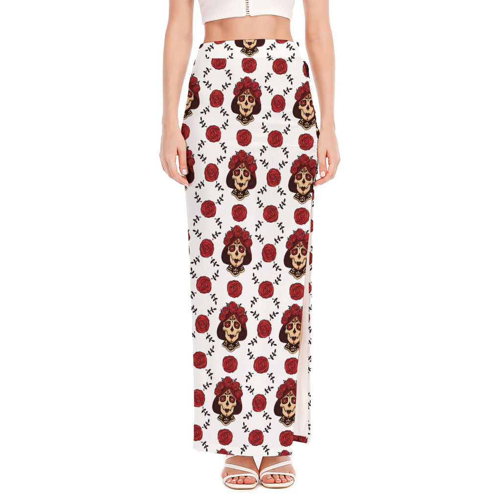 Calavera Girl Skull Pattern Print High Slit Maxi Skirt