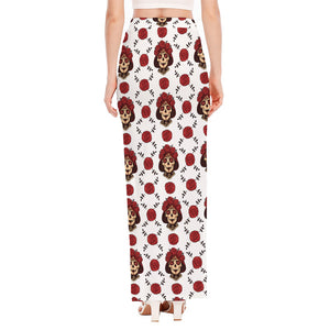 Calavera Girl Skull Pattern Print High Slit Maxi Skirt