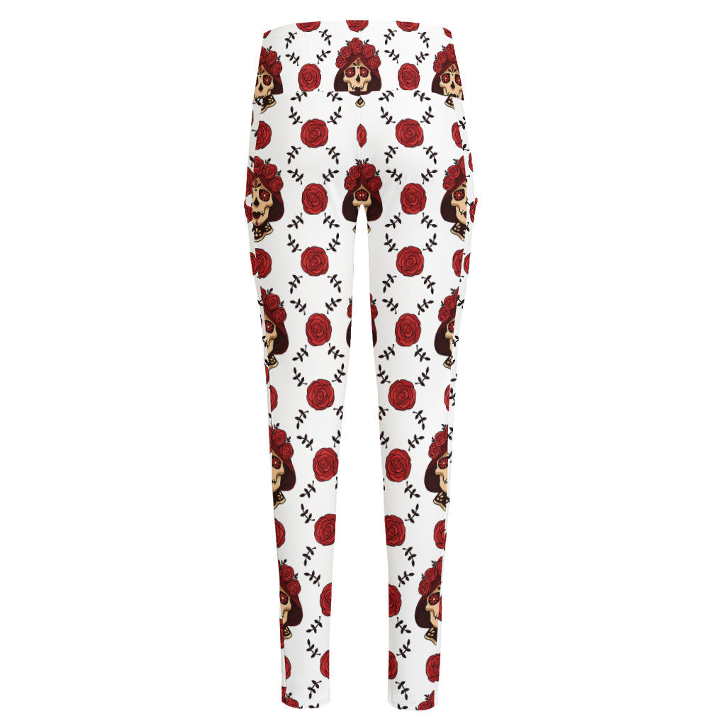 Calavera Girl Skull Pattern Print High-Waisted Pocket Leggings