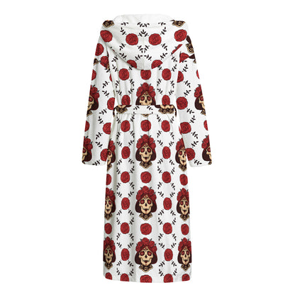 Calavera Girl Skull Pattern Print Hooded Bathrobe