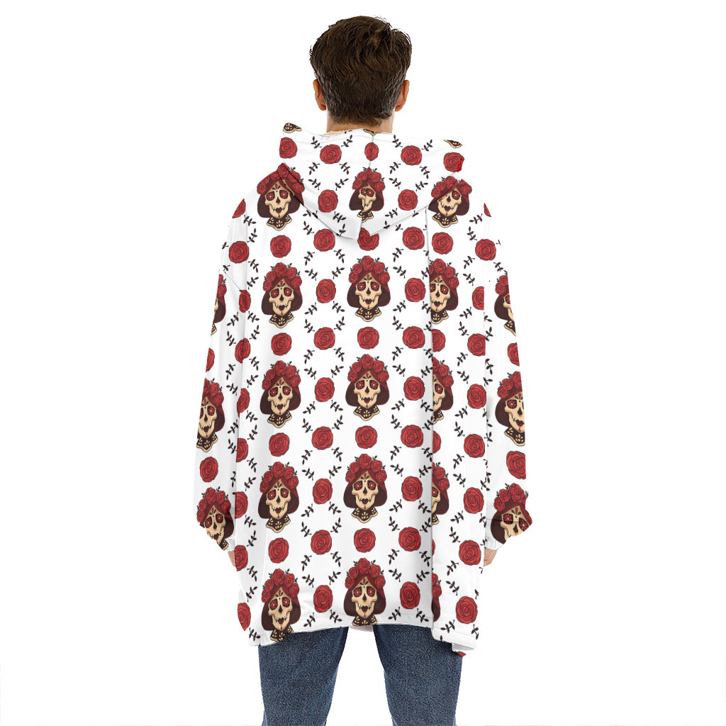 Calavera Girl Skull Pattern Print Hoodie Blanket