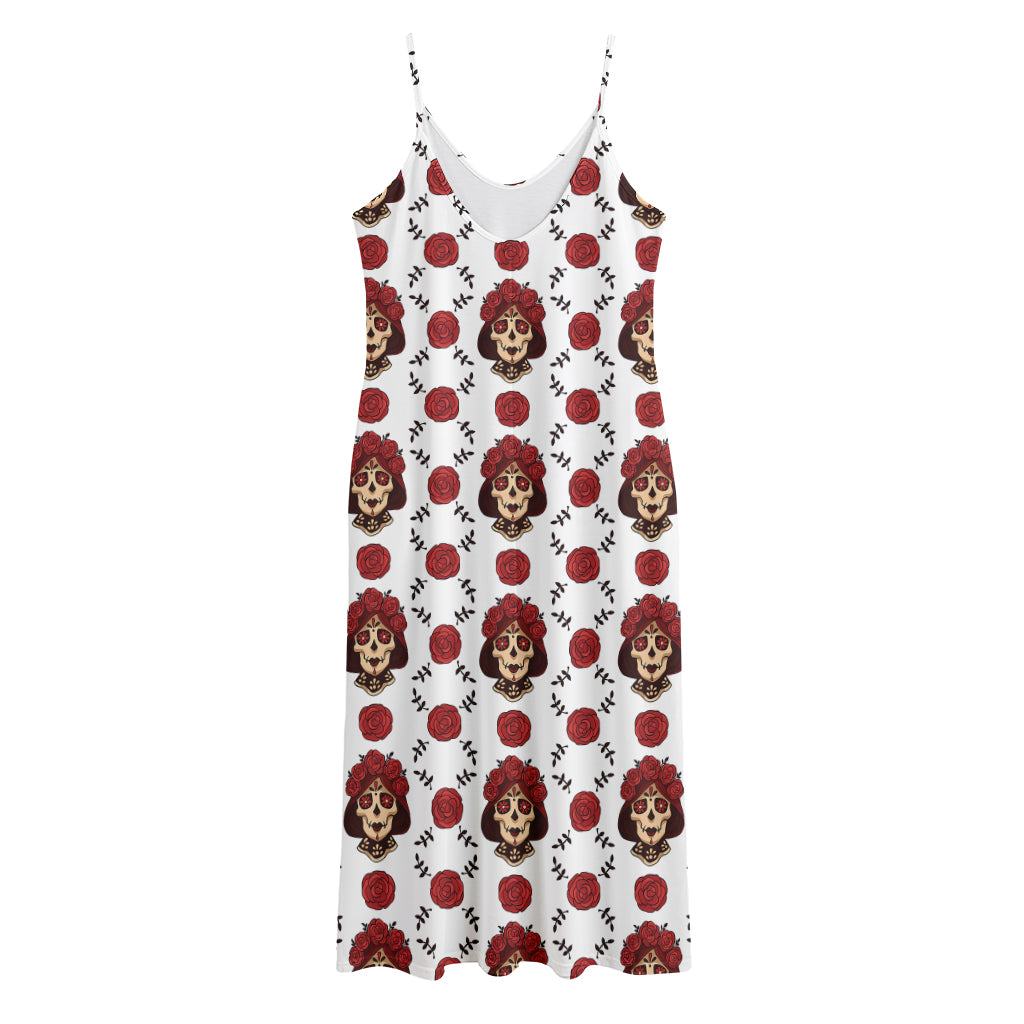 Calavera Girl Skull Pattern Print Jersey Midi Cami Dress