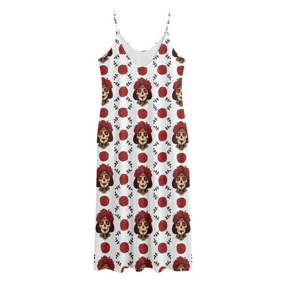 Calavera Girl Skull Pattern Print Jersey Midi Cami Dress