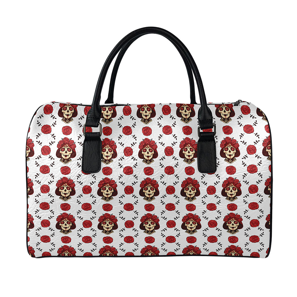 Calavera Girl Skull Pattern Print Leather Duffle Bag