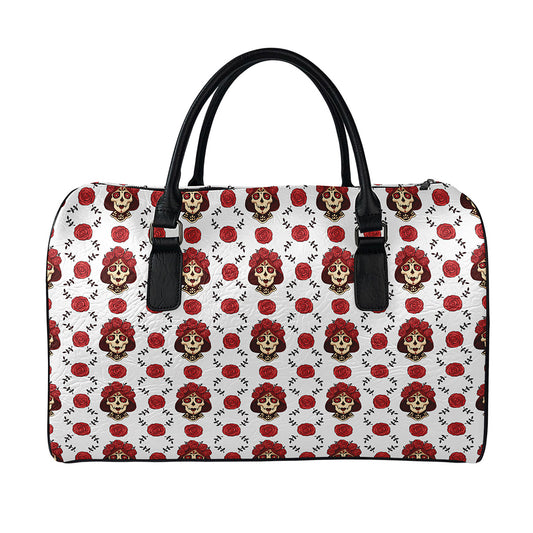 Calavera Girl Skull Pattern Print Leather Duffle Bag