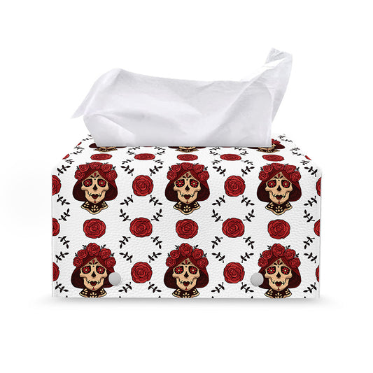 Calavera Girl Skull Pattern Print Leather Tissue Box Cover