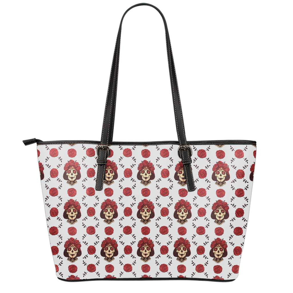 Calavera Girl Skull Pattern Print Leather Tote Bag