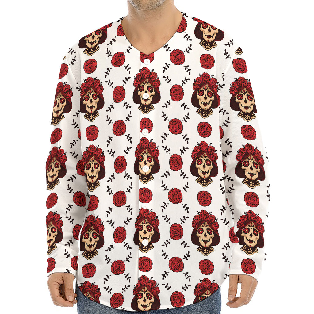 Calavera Girl Skull Pattern Print Long Sleeve Baseball Jersey