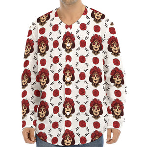 Calavera Girl Skull Pattern Print Long Sleeve Baseball Jersey