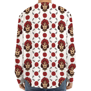 Calavera Girl Skull Pattern Print Long Sleeve Baseball Jersey