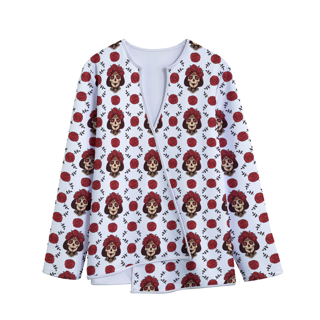 Calavera Girl Skull Pattern Print Long Sleeve Short Coat