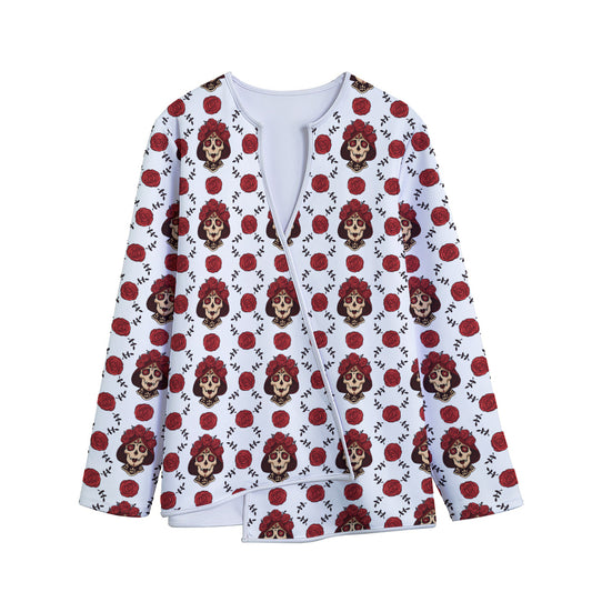 Calavera Girl Skull Pattern Print Long Sleeve Short Coat