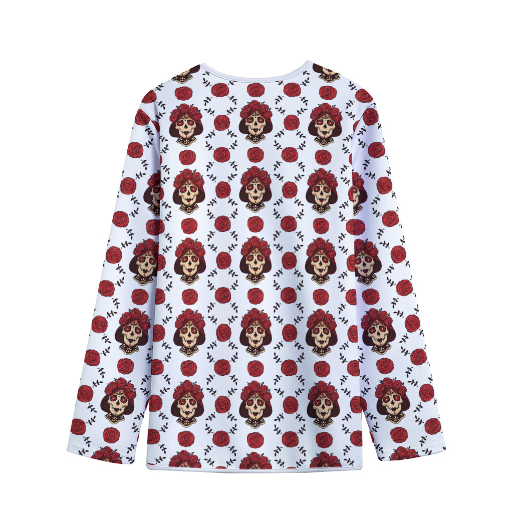 Calavera Girl Skull Pattern Print Long Sleeve Short Coat