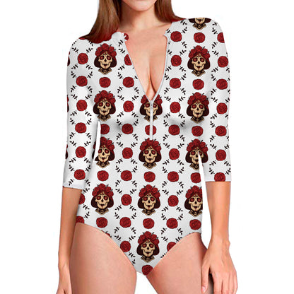 Calavera Girl Skull Pattern Print Long Sleeve Swimsuit
