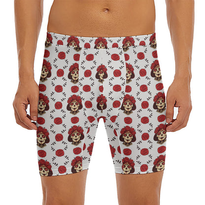 Calavera Girl Skull Pattern Print Men's Long Boxer Briefs