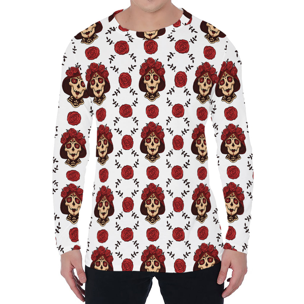 Calavera Girl Skull Pattern Print Men's Long Sleeve T-Shirt