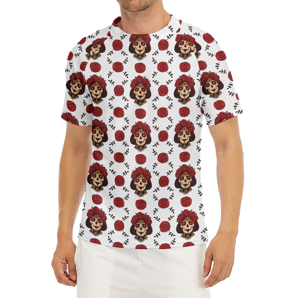 Calavera Girl Skull Pattern Print Men's Short Sleeve Rash Guard