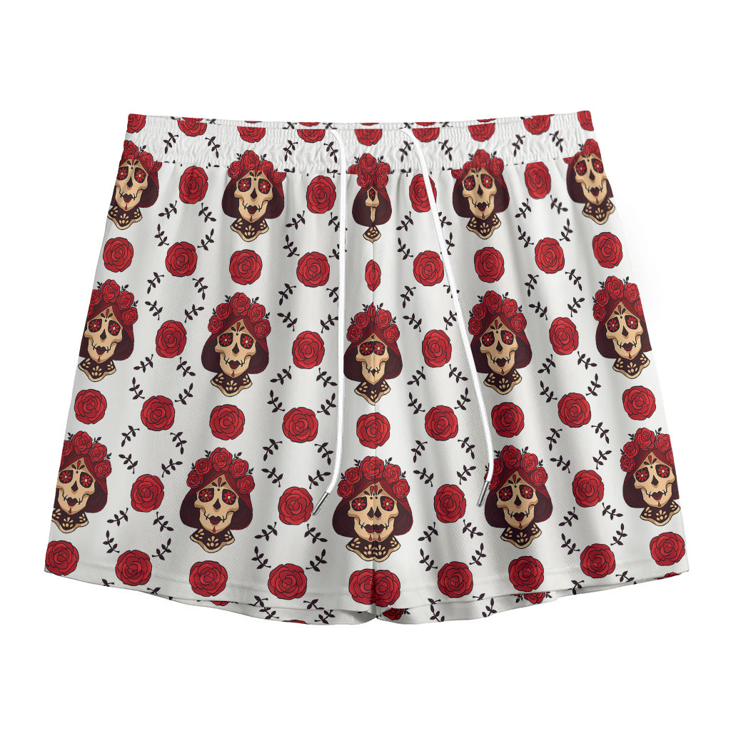 Calavera Girl Skull Pattern Print Mesh Shorts