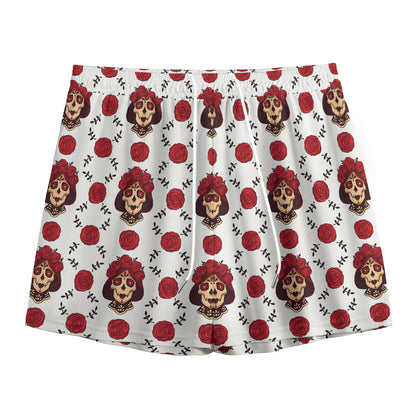 Calavera Girl Skull Pattern Print Mesh Shorts