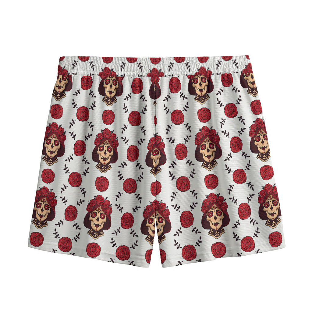 Calavera Girl Skull Pattern Print Mesh Shorts