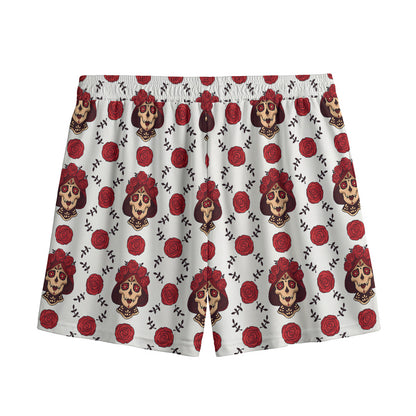 Calavera Girl Skull Pattern Print Mesh Shorts
