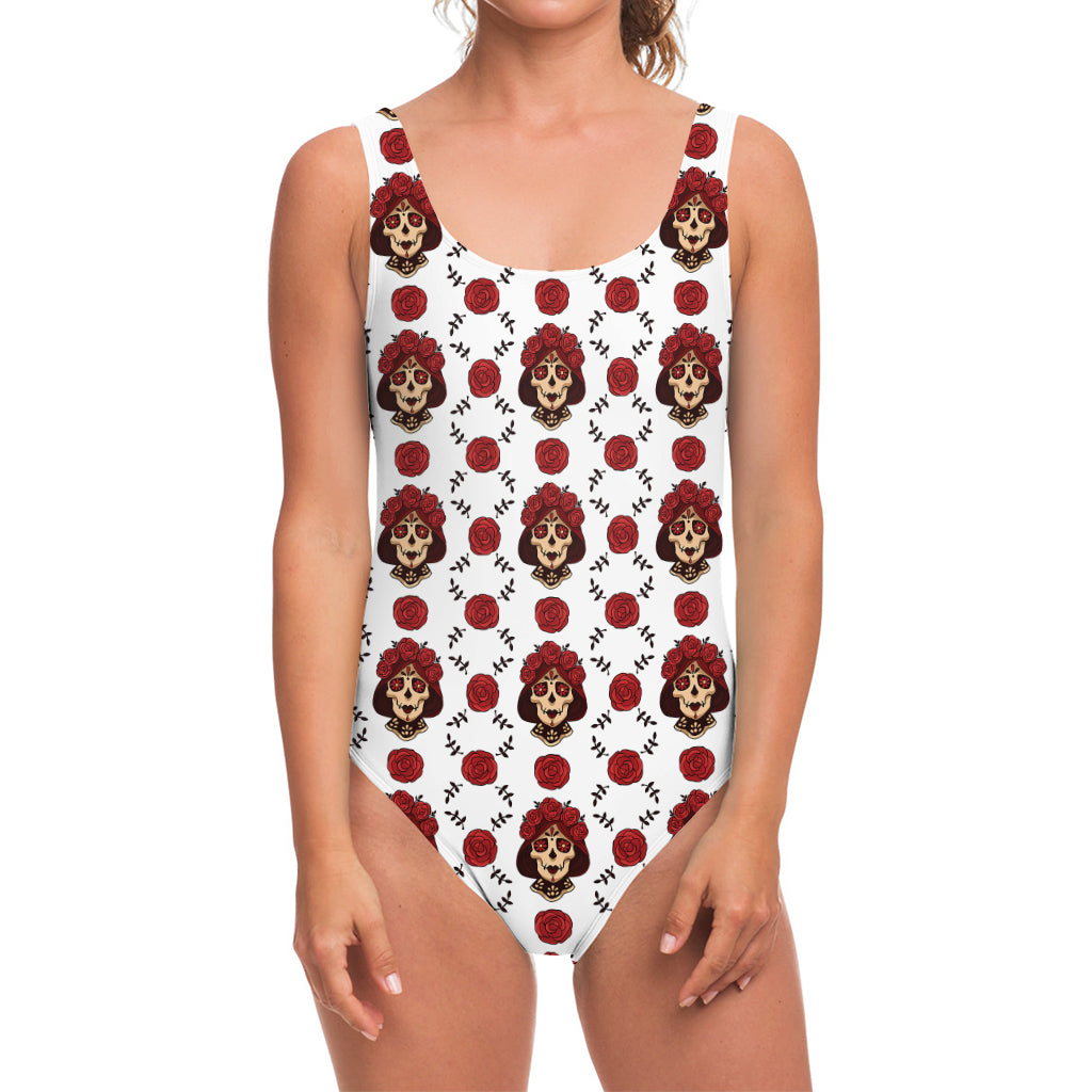 Calavera Girl Skull Pattern Print One Piece Swimsuit