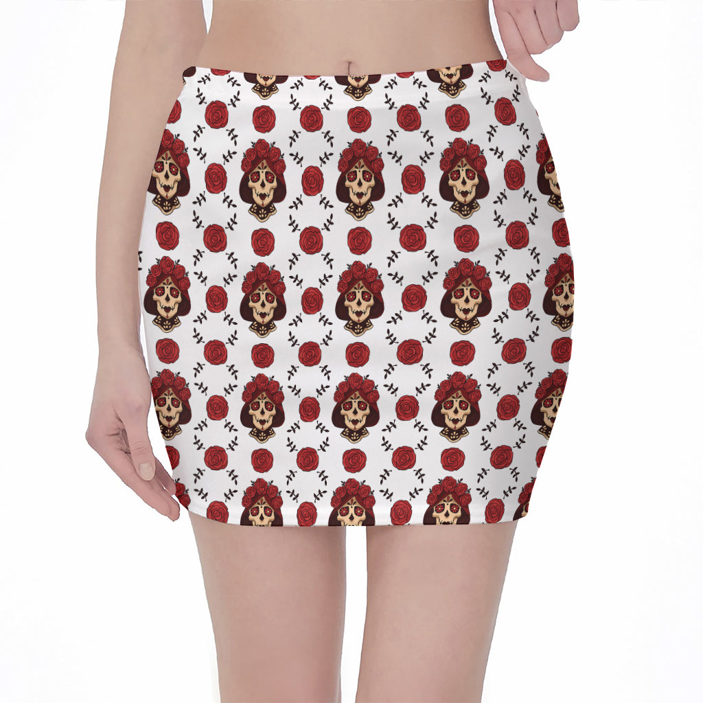 Calavera Girl Skull Pattern Print Pencil Mini Skirt