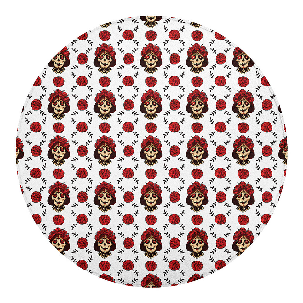 Calavera Girl Skull Pattern Print Round Blanket