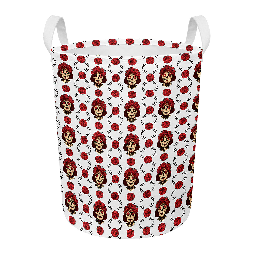 Calavera Girl Skull Pattern Print Round Laundry Basket
