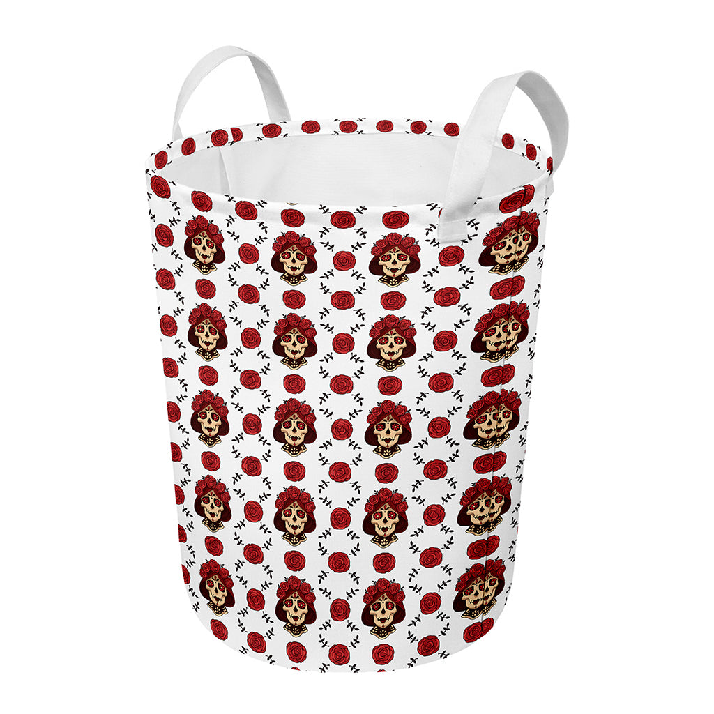 Calavera Girl Skull Pattern Print Round Laundry Basket