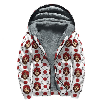 Calavera Girl Skull Pattern Print Sherpa Lined Zip Up Hoodie